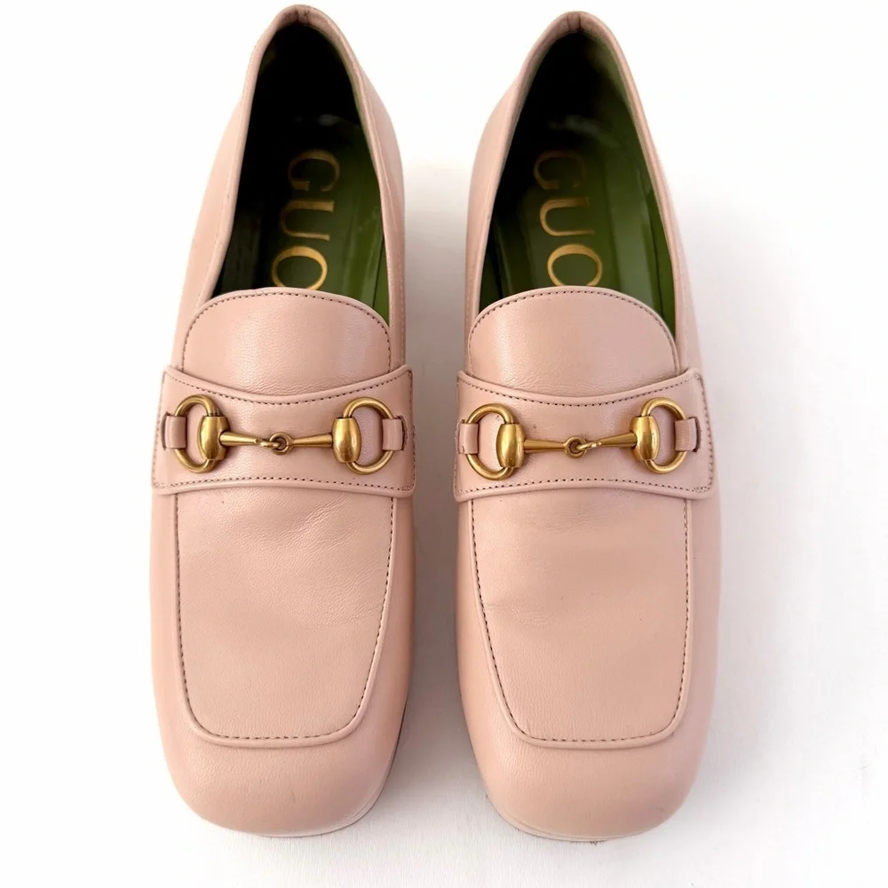 GUCCI || Houdan Blush‎ Leather Horsebit Loafer Pumps Block Heel EU 40.5